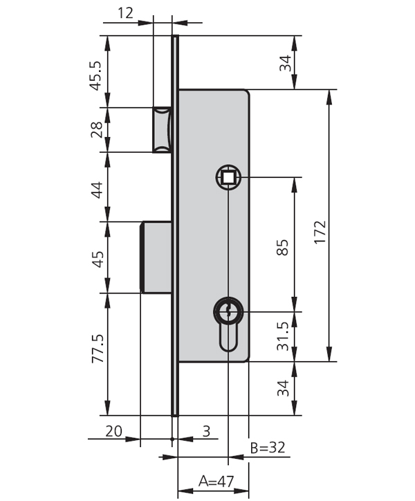 CERRADURA EMBUTIR MET HN 1995/32/0 CVL 32 MM