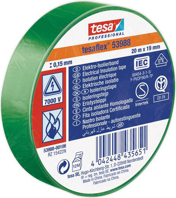 CINTA AISLANTE VERDE 53988-00106-00 TESAFLEX 20 MX19 MM