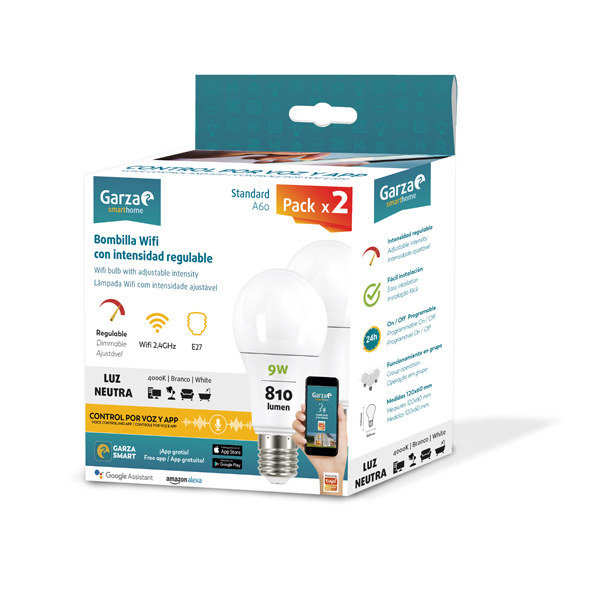 LAMPARA LED WIFI E27 LN REGULABLE PACK 2 401284 GARZA 9 W