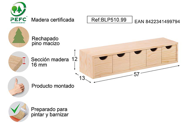CAJONERA 5X1 PINO S/BARN BLP510.99 ASTIGARRAGA 57X13X12CM