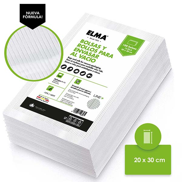 BOLSA ENVASADO VACIO PAQ.100 (RAYADA) 15.85.6 ELMA 20X30 CM