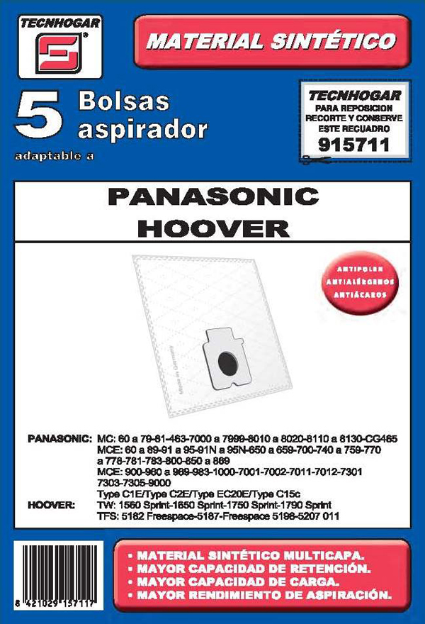 BOLSA ASPIRADOR 5 U. PANASONIC 915711 TECNHOGAR -