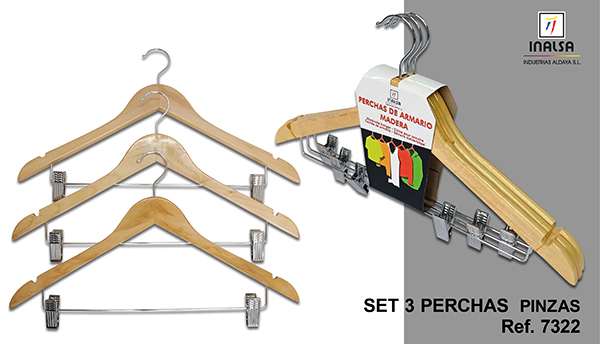 PERCHA MADERA RECTA C/PINZA SET-3 7322 INALSA -