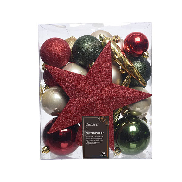 ADORNOS ARBOL 33 UD SURTIDOS VERDE-DORADO-ROJO 72454 DECORIS -