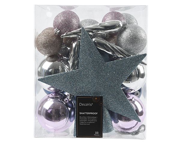 ADORNOS ARBOL 33 UD SURTIDOS AZU-LIL-PLATA 72611 DECORIS -